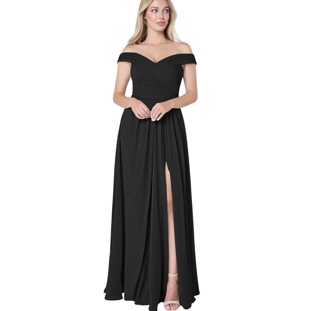 Azazie Audrianna Black A Line Off The Shoulder Gathered Chiffon Dress Sz 2